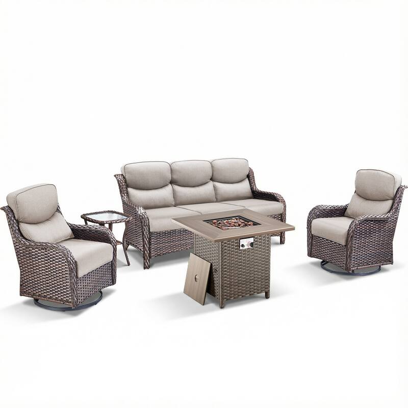 Pocassy Outdoor Propane Fire Pit Table with Sofa Swivel Chair Funiture Set.