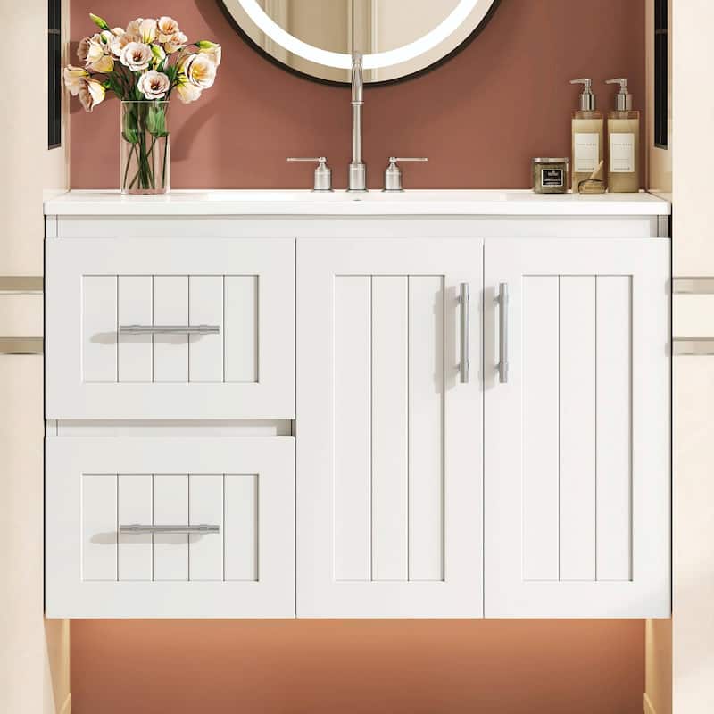 36'' Wall Mounted Bathroom Vanity - Floating Bathroom Storage Cabinet with 2 Drawers, 3 Holes Single Ceramic Sink