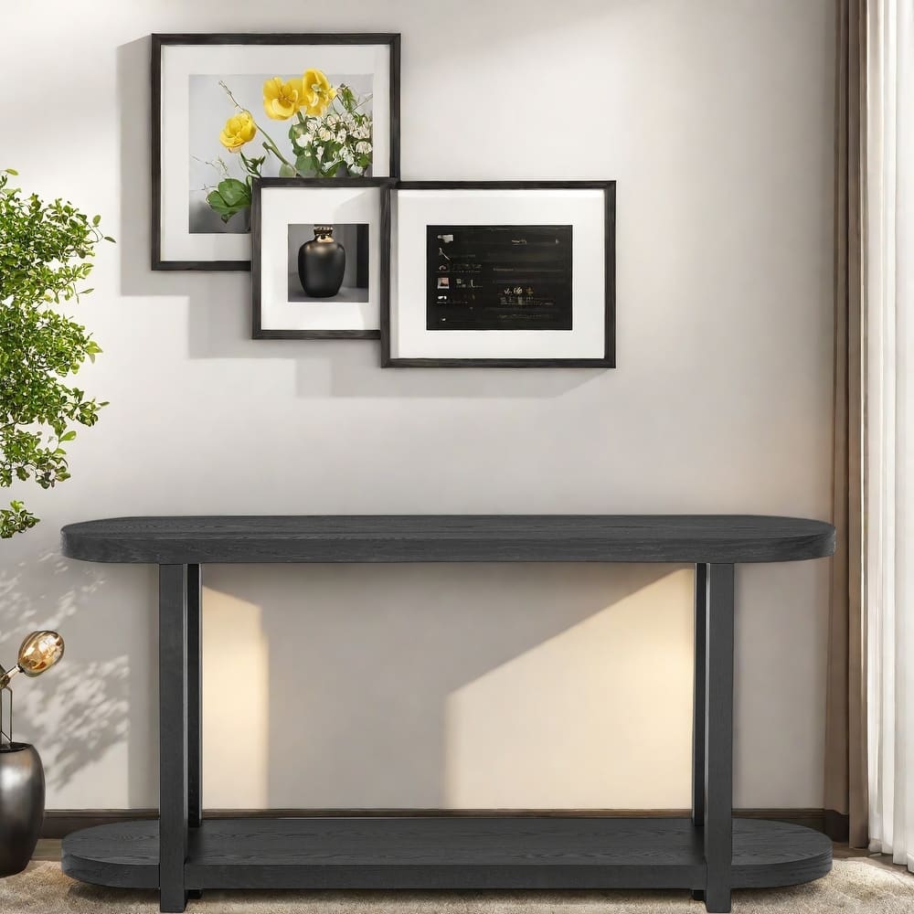 63" MDF Console Table with Oval Top and Ash Wood Veneer for Living Room