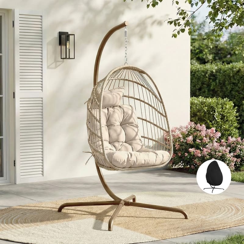 Oversized Wicker Hanging Egg Chair with Stand, Outdoor Indoor Swing Chair with Cushion, 350 lb Capacity - Beige/Cover