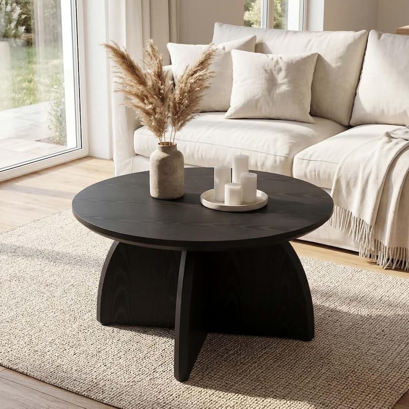 31.5 Inch Black Round Coffee Table, Simple Modern Low Center Table for Living Room Home Office, Sturdy & Easy Assembly - Black