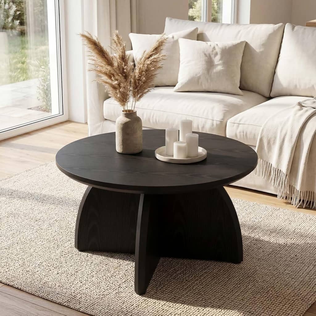 31.5 Inch Black Round Coffee Table, Simple Modern Low Center Table for Living Room Home Office, Sturdy & Easy Assembly
