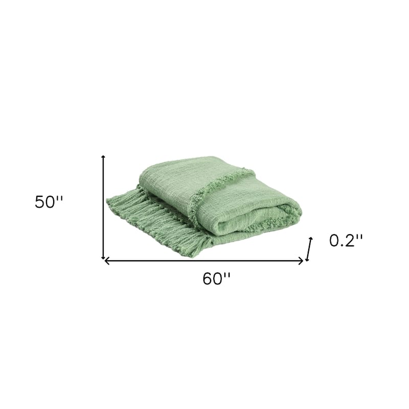 HomeRoots 50" X 60" Green Woven Cotton Throw Blanket with Fringe