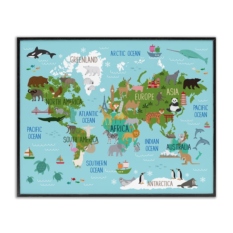 Stupell Kid's Animal World Map Favorite Regional Wildlife Framed Wall Art - 16 x 20 - Black