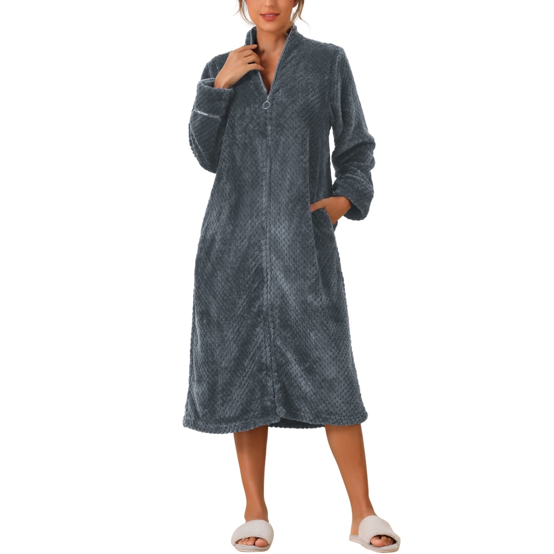Long Robe Flannel Zip Robe Women's Flannel Robe Zipper Front Robes