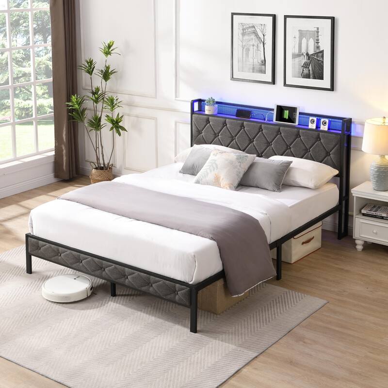 Grey Full Bed Frame with Upholstered Headboard and LED Lighting abd Built-in Charging Ports