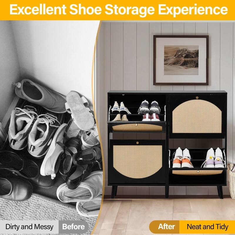 Rattan Shoe Cabinet with 2 / 4 Flip Drawers, Narrow Shoe Storage Cabinet,Organizer for Entryway, Bedroom, Living Room