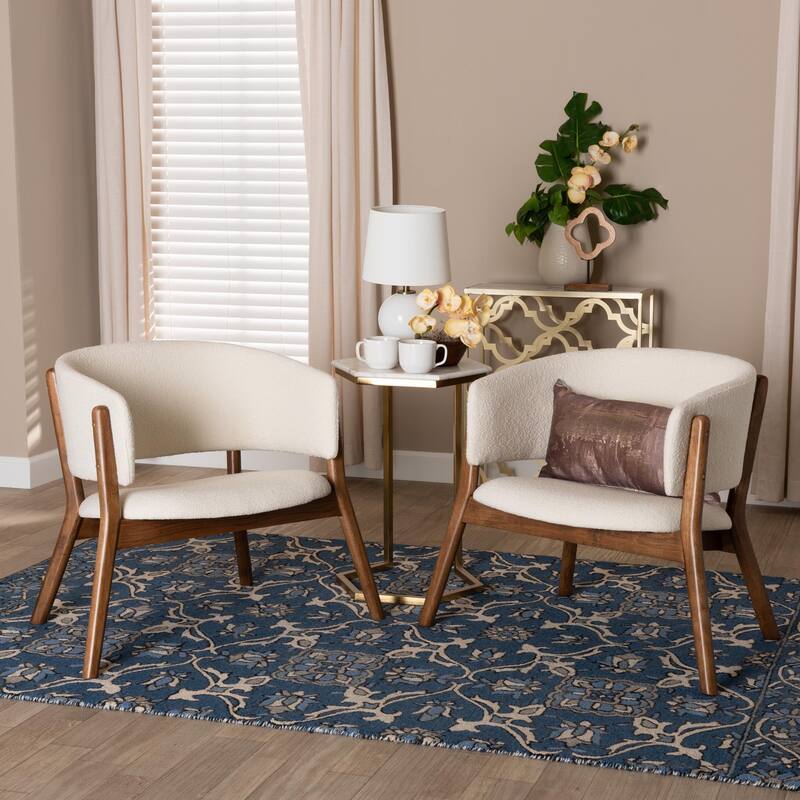 Baron Mid-Century Modern Cream Boucle Fabric Upholstered and Walnut Brown Finished Wood 2-Piece Living Room Accent Chair Set