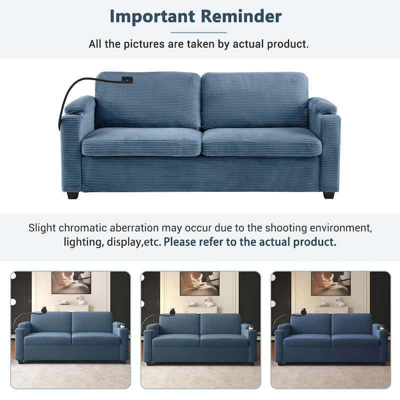 72.8" Corduroy Sleeper Sofa, Full Size Loveseat Bed with Mattress, USB Ports, Cup Holders, Side Pockets & Phone Holder