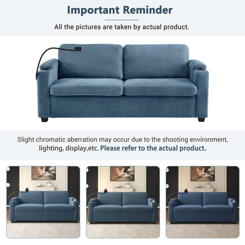 72.8" Corduroy Sleeper Sofa with Full Size Mattress and USB Ports, Loveseat Sofa with Cup Holders and Side Pockets
