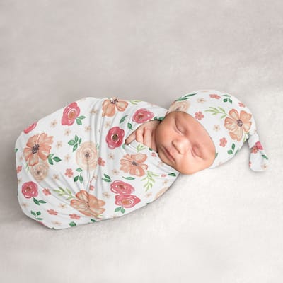 Peach Watercolor Floral Girl Baby Cocoon and Beanie Hat Sleep Sack - 2pc Set - Pink and Green Shabby Chic Rose Flower Farmhouse