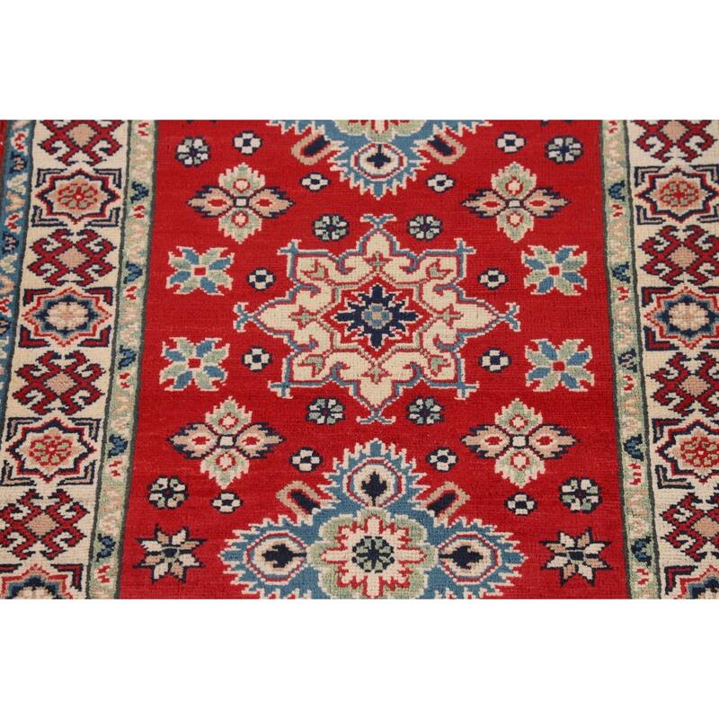 Red Kazak Oriental Accent Rug Handmade Geometric Foyer Wool Carpet - 2'10" x 3'11"