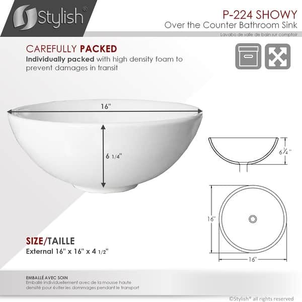 STYLISH 16 inch Porcelain Ceramic Round Vessel Sink Above Counter cUPC - 16" x 16" x 6 1/4"
