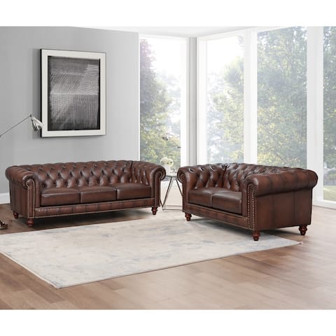 Hydeline Alton Bay 100% Leather Chesterfield Sofa and Loveseat - Sofa, Loveseat