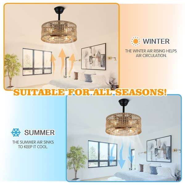 Rattan Boho Ceiling Fan With Light - 20 Inch Flush Mount Caged Fan With Remote, 6 Speeds, Low Profile For Bedroom, Living Room