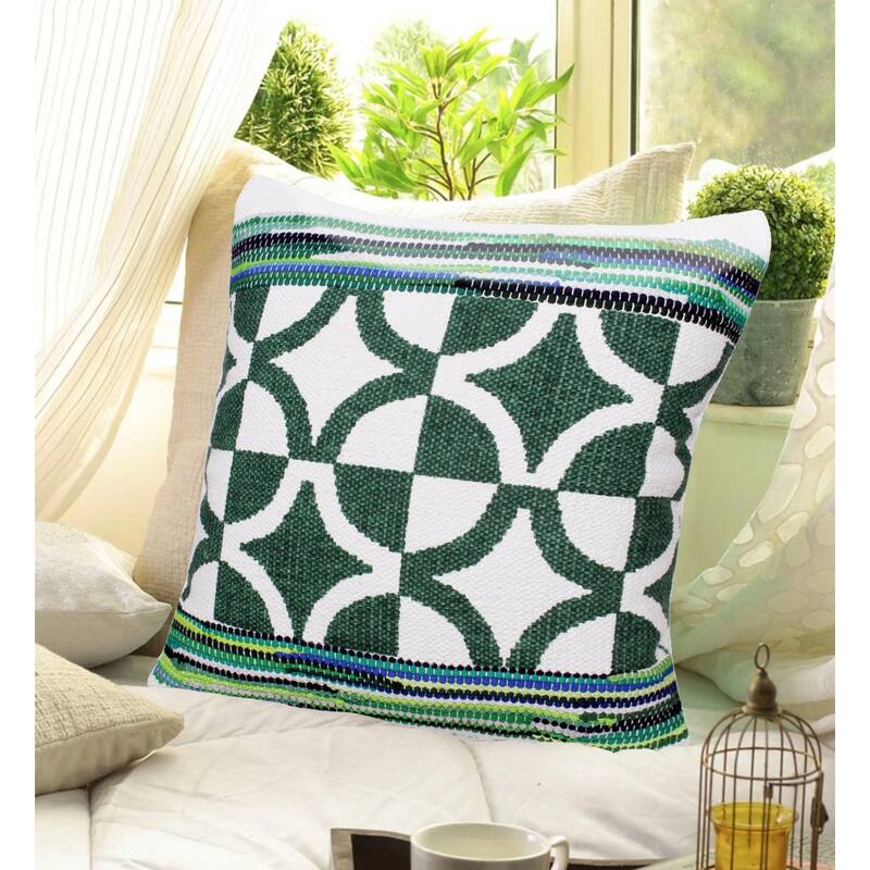 HomeRoots 20" X 20" Green White And Blue 100% Cotton Geometric Zippered Pillow