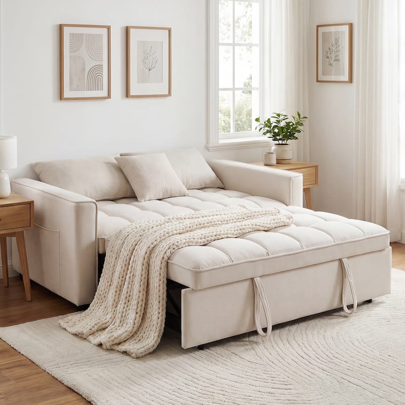 Modern 68" Length Tufted Convertible Loveseat Sleeper Sofa Bed - 68"L x 55"W x 20"H - Beige