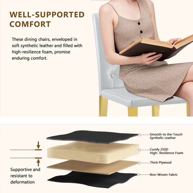 4-piece set of PU Dining Chairs: Ergonomically Designed Buckle Backrest, 35 Inches High, Gold Metal legs