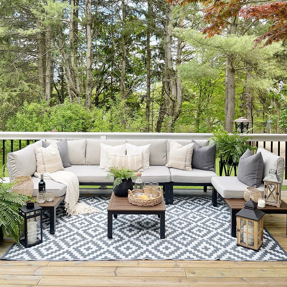 MAISON ARTS 10 Seats Patio Sectional sofa set, E-coating Steel frame Conversation Sets with Built-in Side Table , Grey Cushion