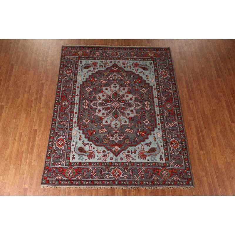 Animal Pictorial Heriz Serapi Oriental Area Rug Handmade Wool Carpet - 7'10" x 9'8"