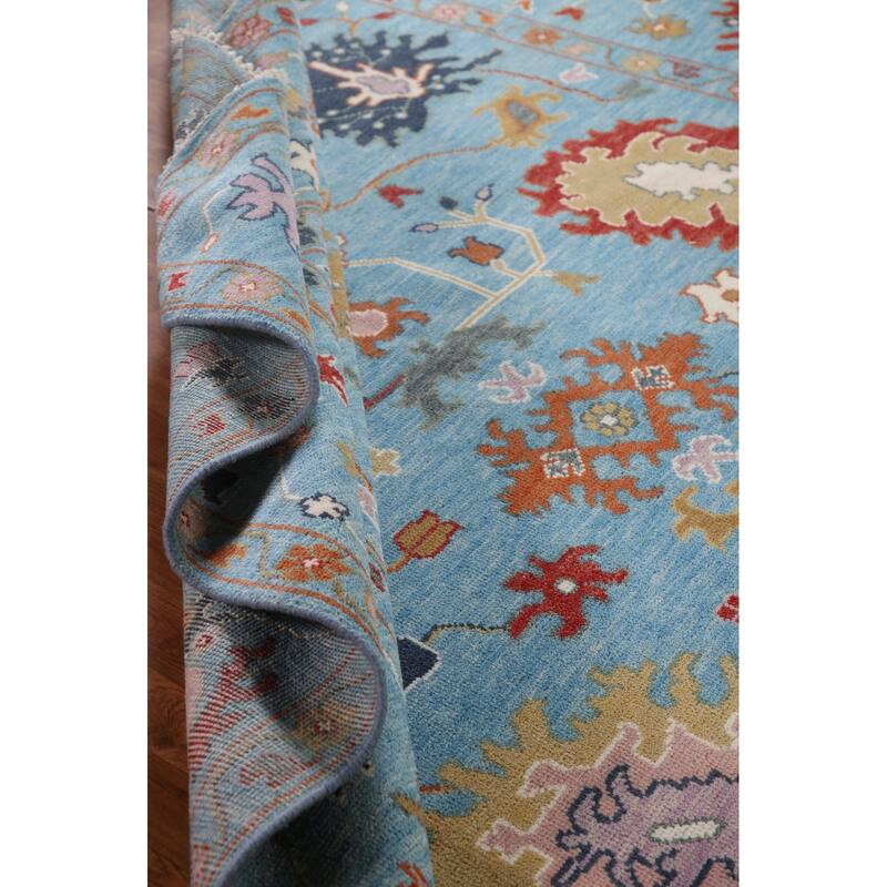 Blue Floral Oushak Area Rug Handmade Oriental Wool Carpet - 8'10"x 11'9"