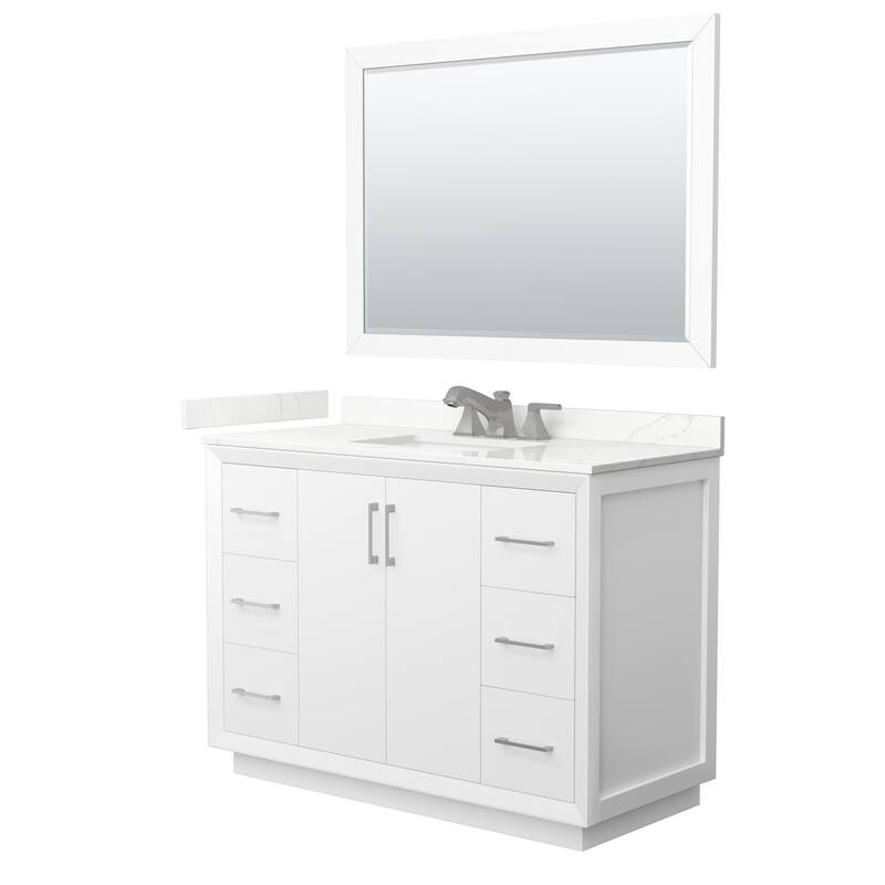 Strada 48-inch Single Vanity, Quartz Top, 46-inch Mirror - White, Nickel Trim, Giotto Quartz Top