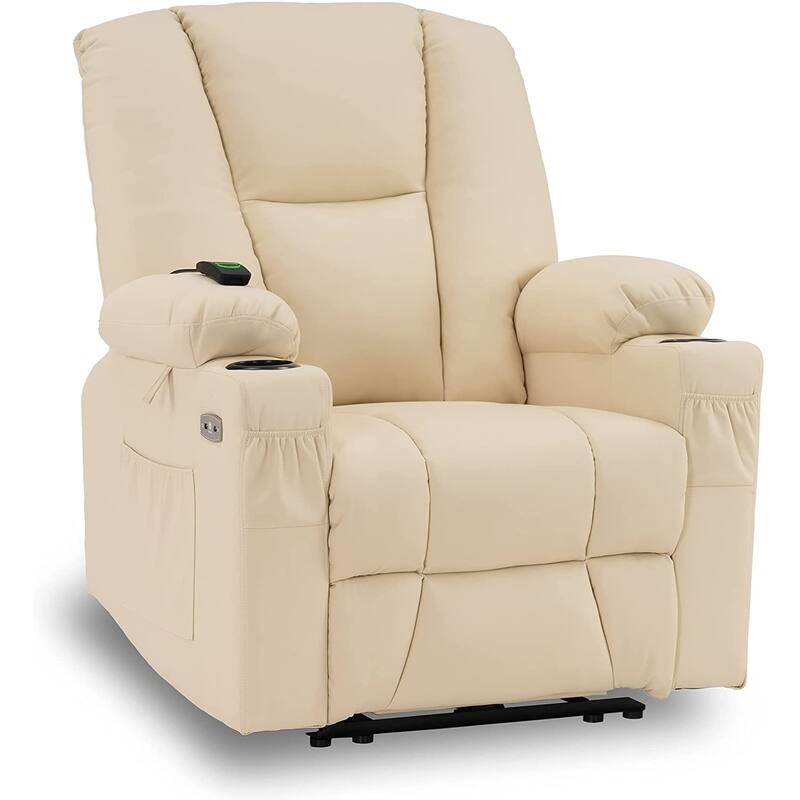 Mcombo Electric Power Recliner with Massage & Heat, Extended Footrest, 2 USB Ports, Side Pockets, Cup Holders, Faux Leather 8015 - Creme White