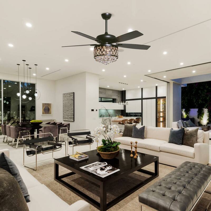 52" Modern Matte Black 5-Blade Crystal Ceiling Fan with Remote