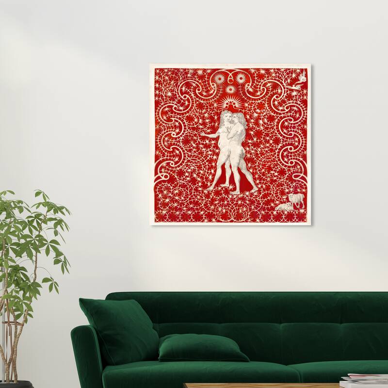 Wynwood Studio Canvas Spiritual and Religious Adam and Eve in the Garden Red and Crimson Traditional Wall Art Canvas Print - 30 x 30