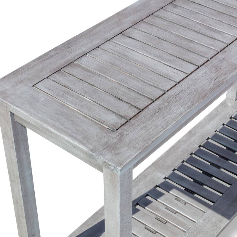 GDFStudio - Longs 51" Outdoor Solid Eucalyptus Wood Console Table with Two-Tier Storage Shelf & Slatted Tabletop