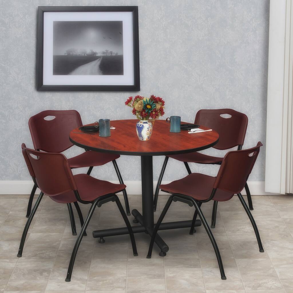42 in. Round Breakroom Table- Cherry & 4 'M' Stack Chairs- Burgundy