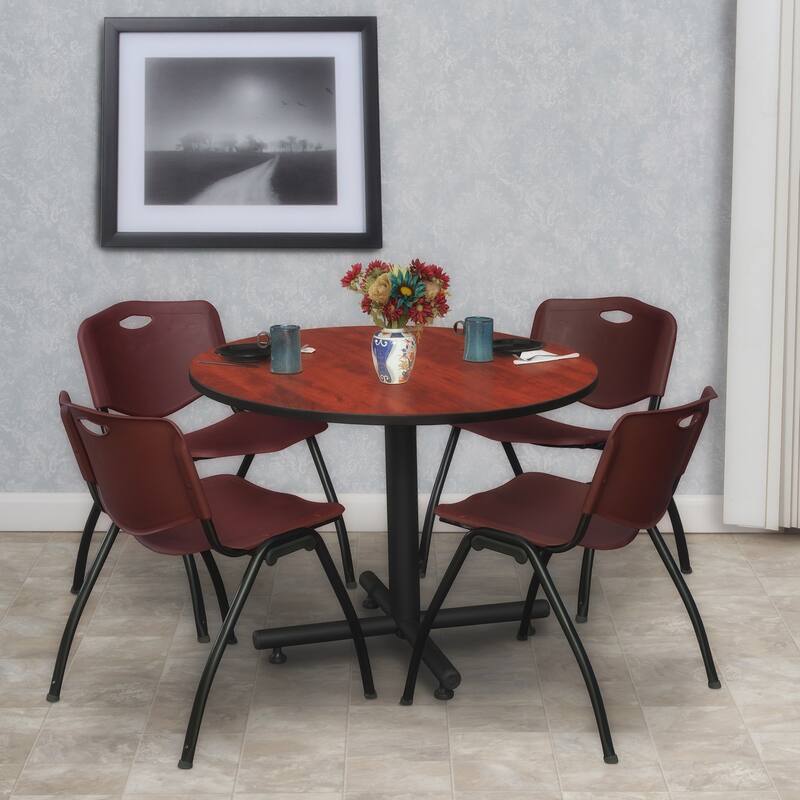 42 in. Round Breakroom Table- Cherry & 4 'M' Stack Chairs- Burgundy