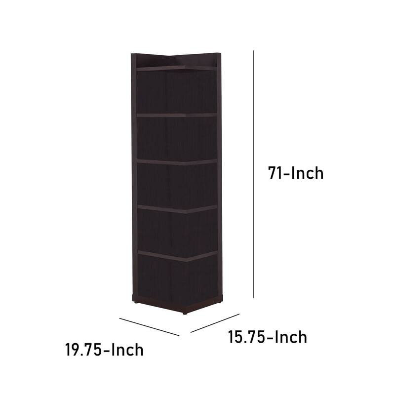Radiant Brown Wooden Corner Bookcase - 71 H x 19.75 W x 15.75 L