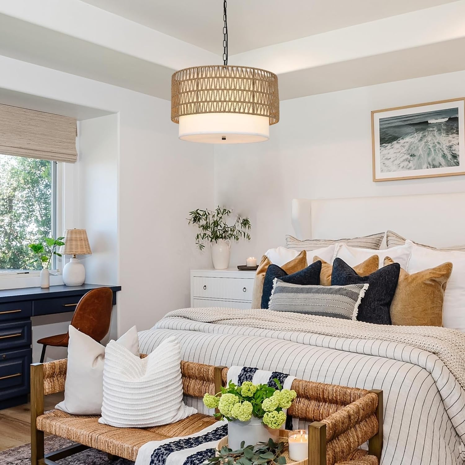 Rattan Pendant Light with Adjustable Height Hanging Chain, Kitchen Island Hanging Pendant Light Fixture, Brown Ceiling Lamp