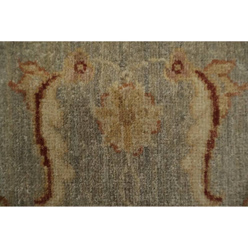 Hand Knotted Oriental 100% Wool Carpet Traditional Floral Greys & Charcoal Peshawar Runner Rug - 9' 8'' X 2' 9''