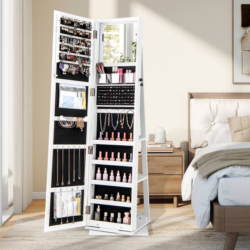 360 Degree Rotating Jewelry Armoire with Full Length Mirror Lockable Cabinet and Storage Shelves Organizer - 17" x 15" x 62.5"