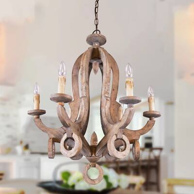 Bella Depot 6-Lights Rustic Wood Lantern Chandelier Retro European Pendant Lighting - 26"x31"