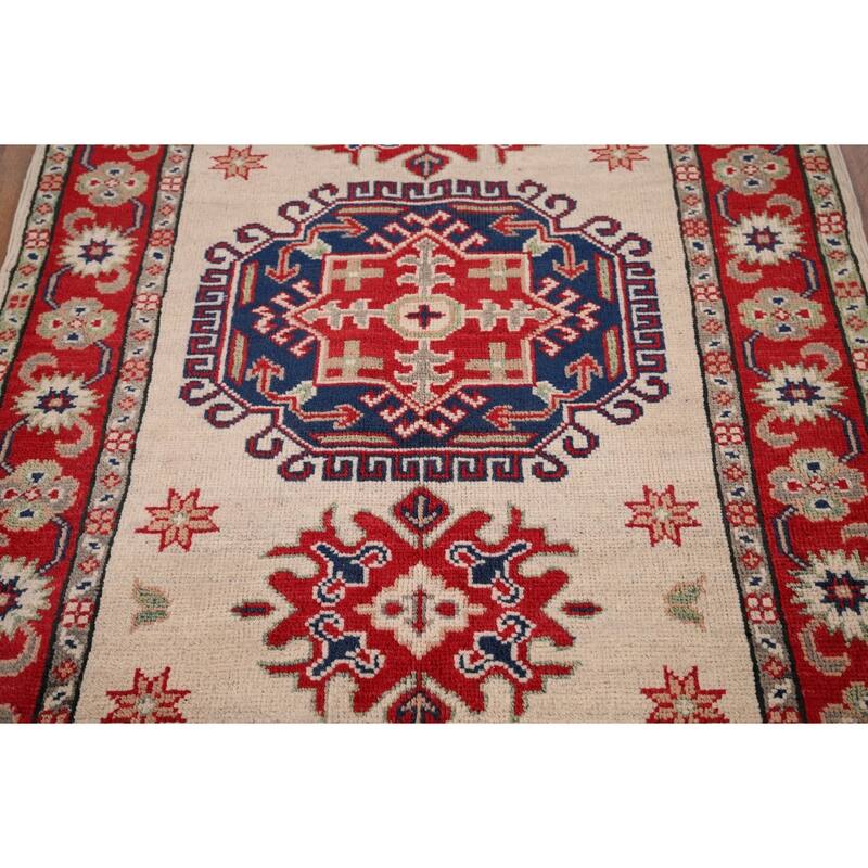 Ivory Geometric Kazak Accent Rug Hand-Knotted Wool Carpet - 2'10" x 3'10"