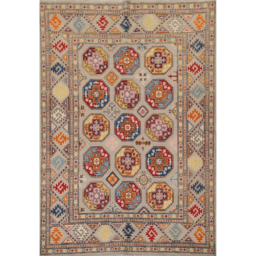 Geometric Kazak Area Rug Living Room Handmade Wool Carpet - 5'7" x 7'10"