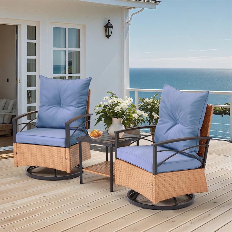 EROMMY 3-Piece Outdoor Rocking/Swivel Chair Set - PE Rattan Patio Furniture with Cushions & Coffee Table, Rocker Chairs - Swivel Chair - Blue