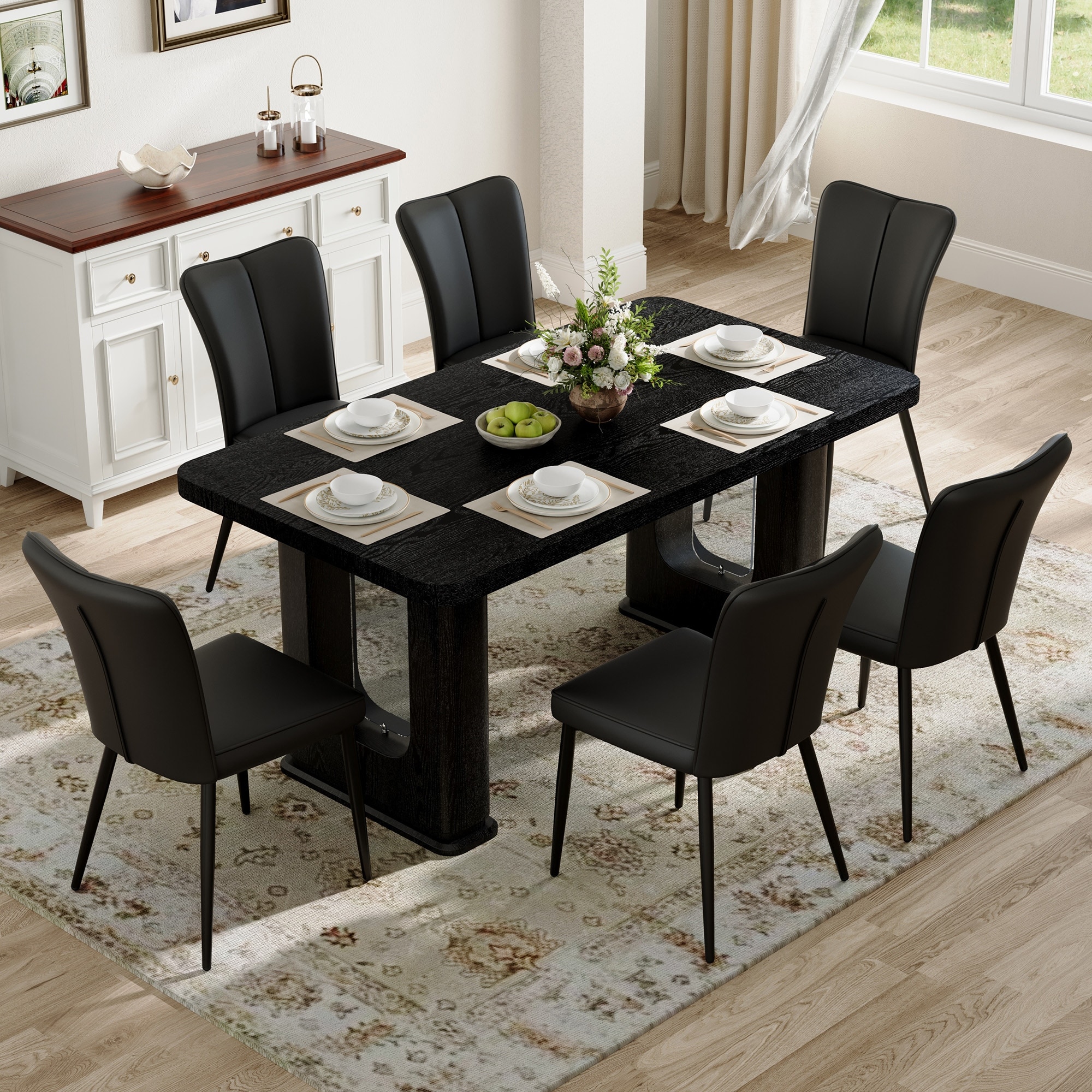 Dining Table Set for 6, Rectangular Dining Room Table Set for 6, Kitchen Table and 6 PU Chairs, 64" Wood Table Set with Textured
