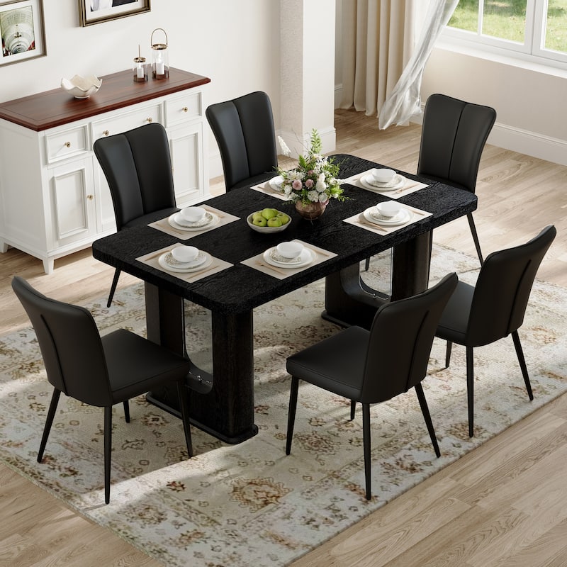 Dining Table Set for 6, Rectangular Dining Room Table Set for 6, Kitchen Table and 6 PU Chairs, 64" Wood Table Set with Textured - Black