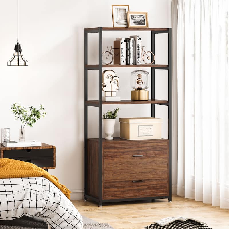 4-Tier Rustic Bookcases with 2 Drawers, Etagere Standard Book Shelves Display Shelf for Home Office - Rustic Brown