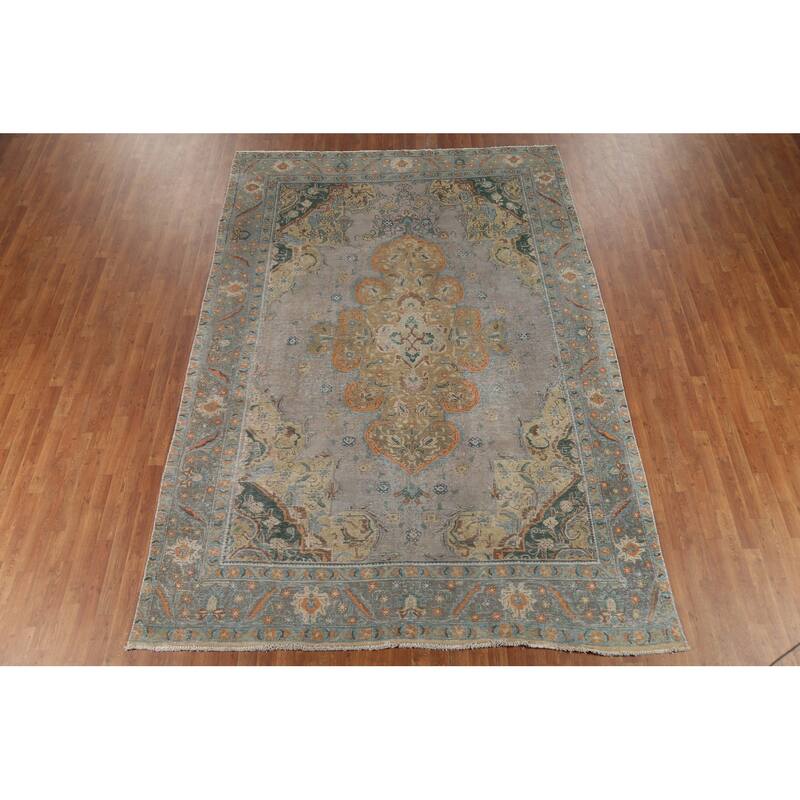 Geometric Tabriz Persian Vintage Area Rug Hand-Knotted Wool Carpet - 7'11"x 11'3"