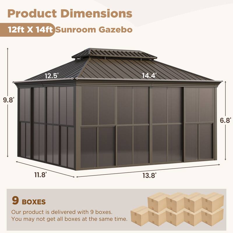 Hardtop Gazebo with Double Steel Roof, Sliding/Lockable Doors & Screens - All-Season Rustproof Aluminum Frame，Advanced Drainage