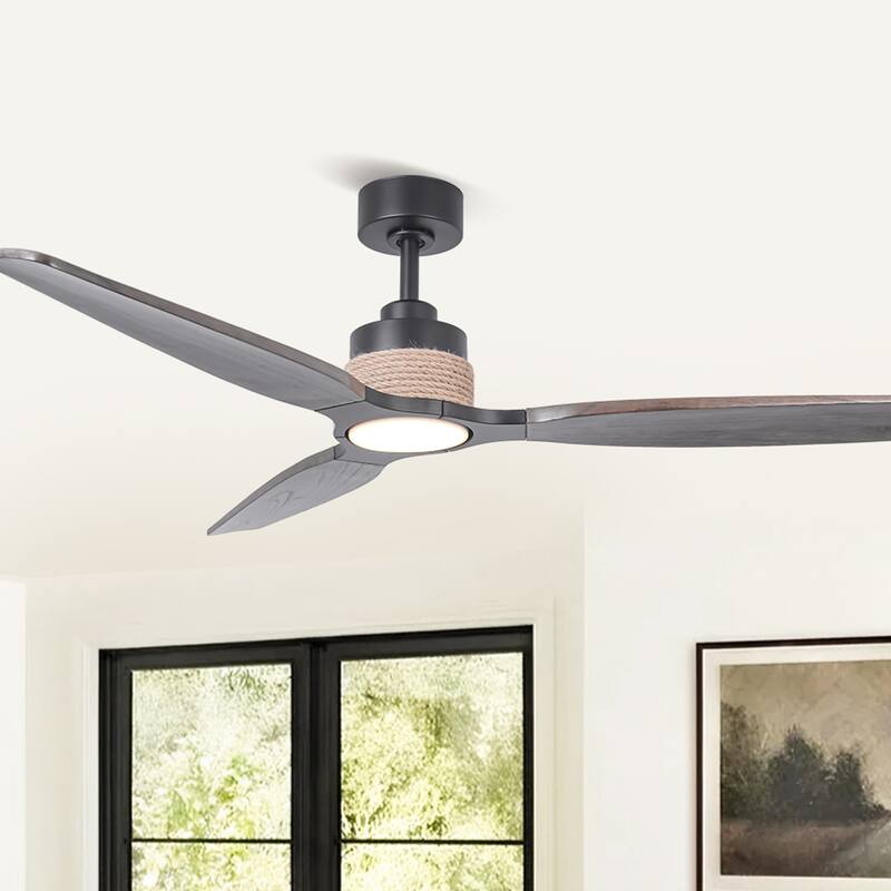 Parrot Uncle 56" Transition Black Solid Wood Jute 3CCT LED Ceiling Fan with Light and Remote