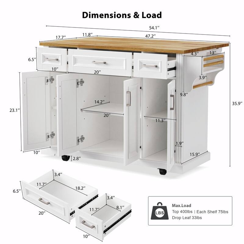54" Rolling Kitchen Island Cart with Rubberwood Drop Leaf, 4 Doors & 3 Drawers