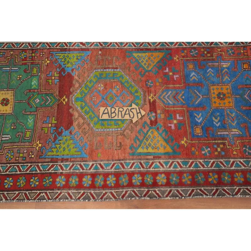 Hand Knotted Oriental 100% Wool Carpet Traditional Geometric Oranges & Rust Heriz Runner Rug - 9' 11'' X 3' 1''