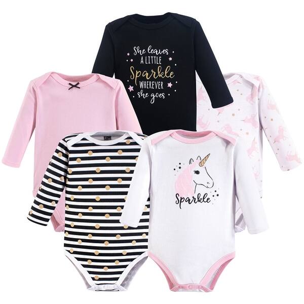 slide 1 of 1, Hudson Baby Infant Girl Cotton Long-Sleeve Bodysuits 5pk, Sparkle Unicorn 0-3 Months - Sparkle Unicorn 5-Pack