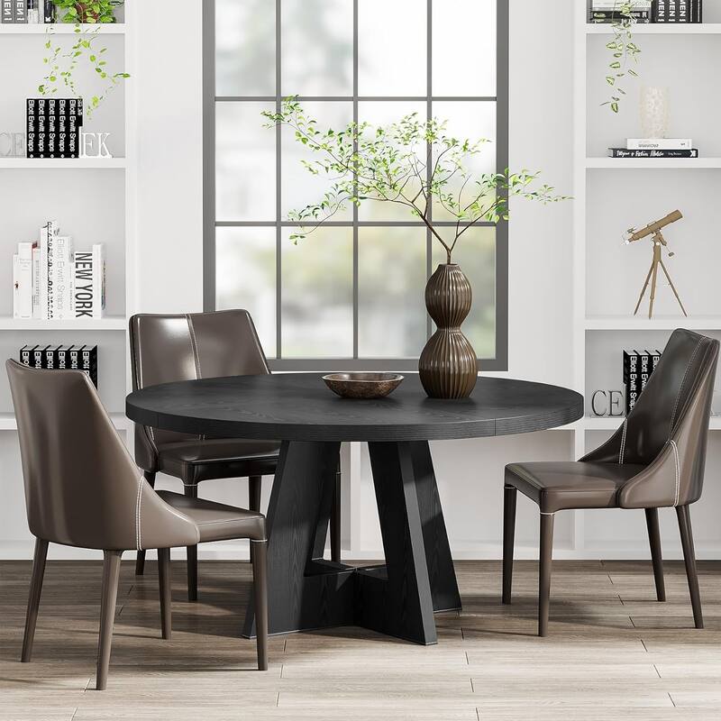 47" Round Farmhouse Dining Table - Black Wood Kitchen Table for 4